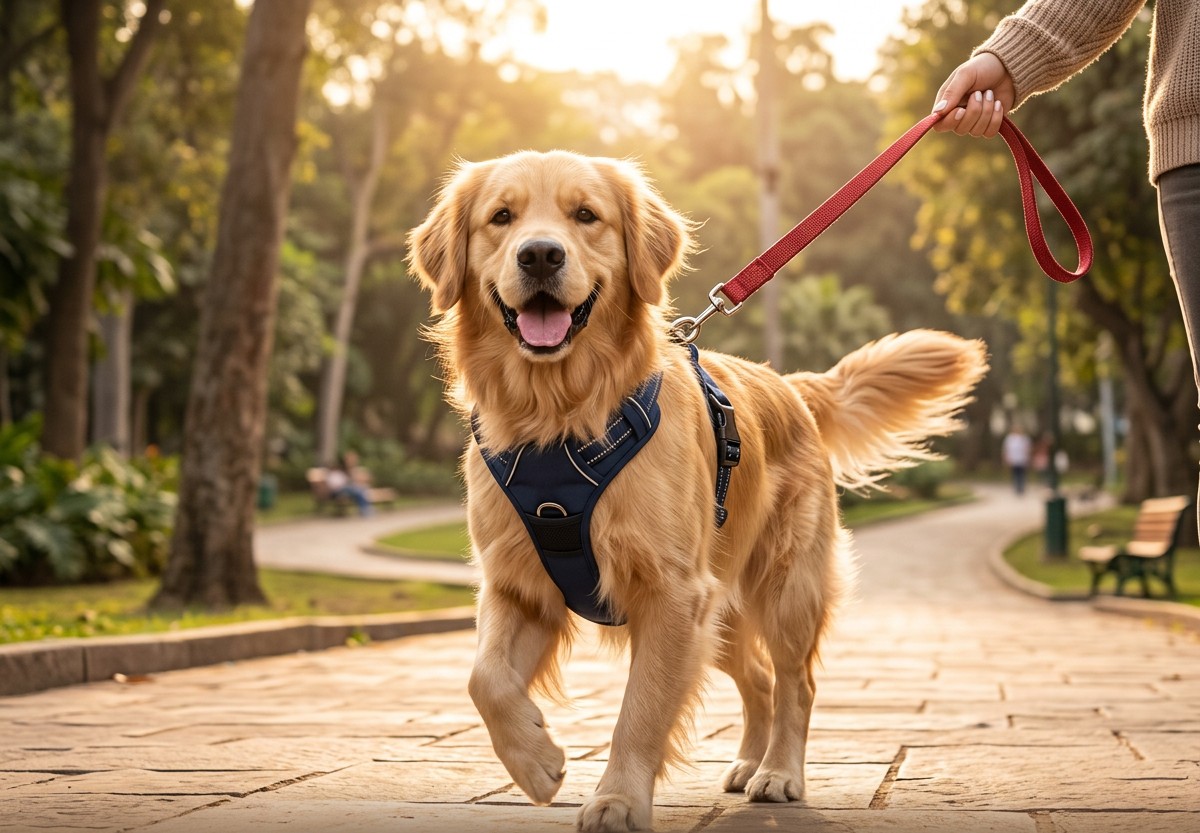 Familia caminando con su golden retriever al atardecer